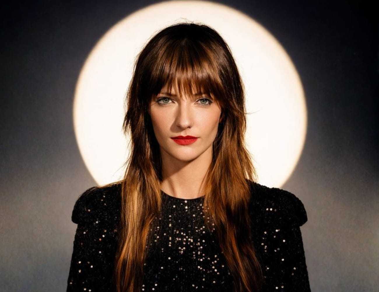 Woman in black sequined dress with dramatic lighting and soft spotlight background.