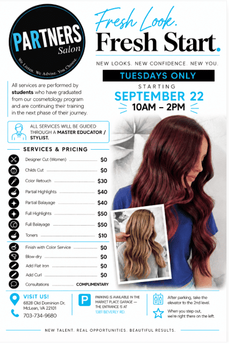 Complimentary haircuts and reduced-price color services offered Tuesdays at PR at Partners in McLean